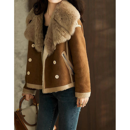 Lambswool Coat with Integrated Lambswool Fur Jacket Overcoat