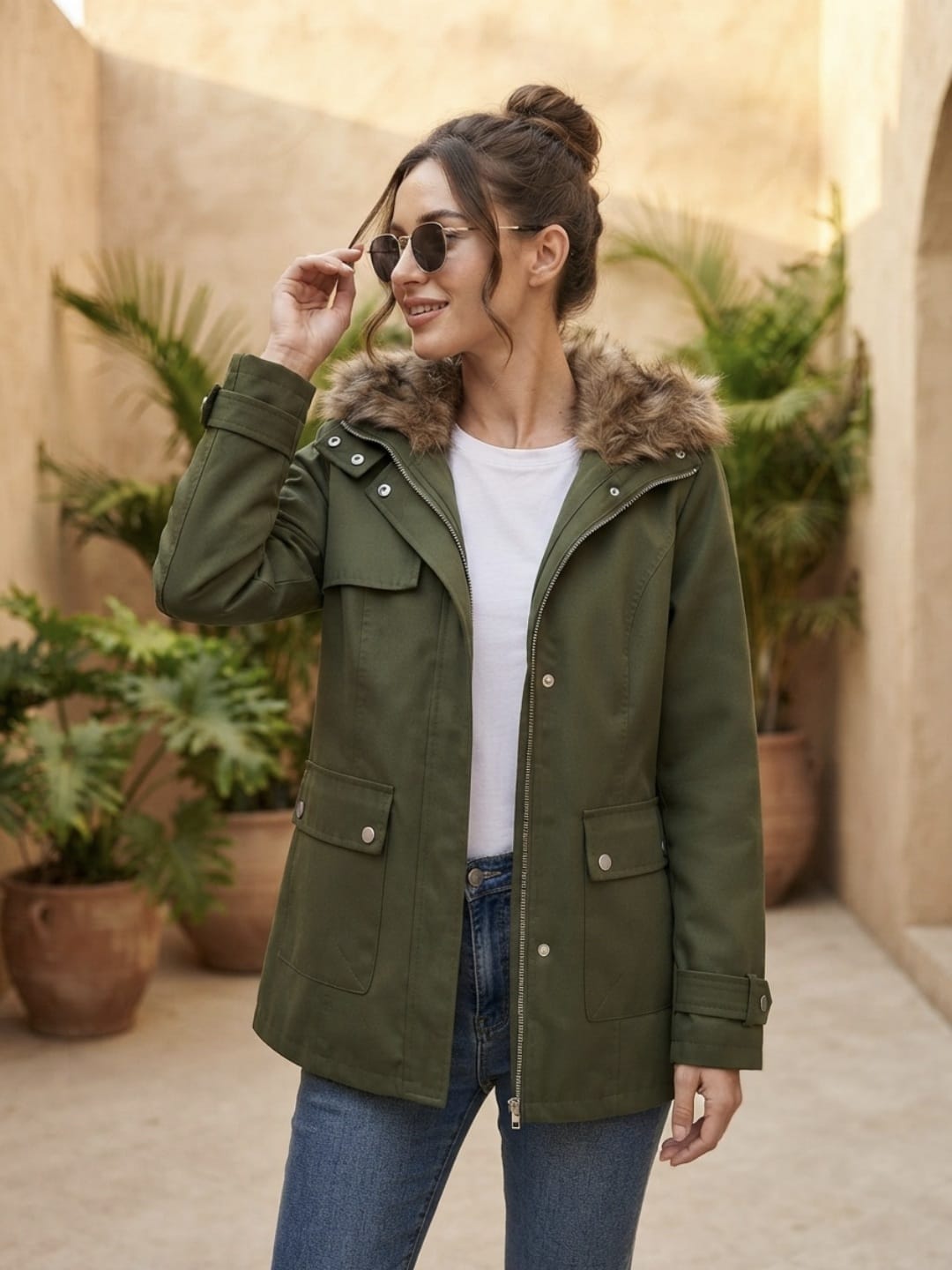 Parka à capuche doublée fausse fourrure pour femme