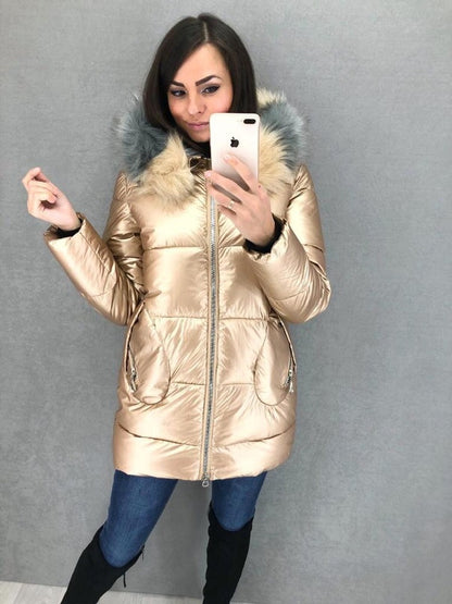 Coat Long Shiny Large Fur Collar Warm Ladies Jacket