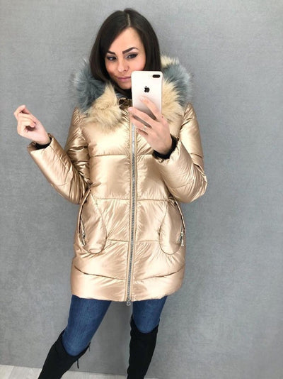 Coat Long Shiny Large Fur Collar Warm Ladies Jacket