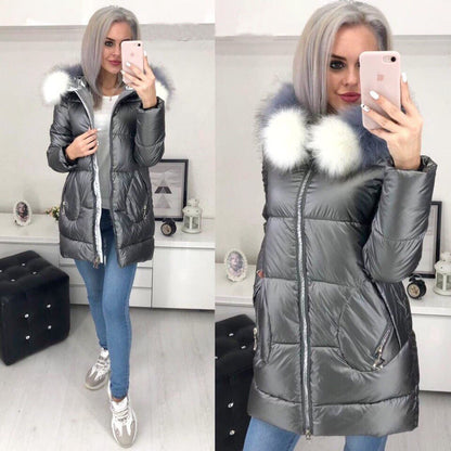 Coat Long Shiny Large Fur Collar Warm Ladies Jacket