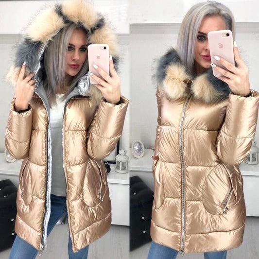 Long Shiny Coat Large Fur Collar Warm Ladies Jacket