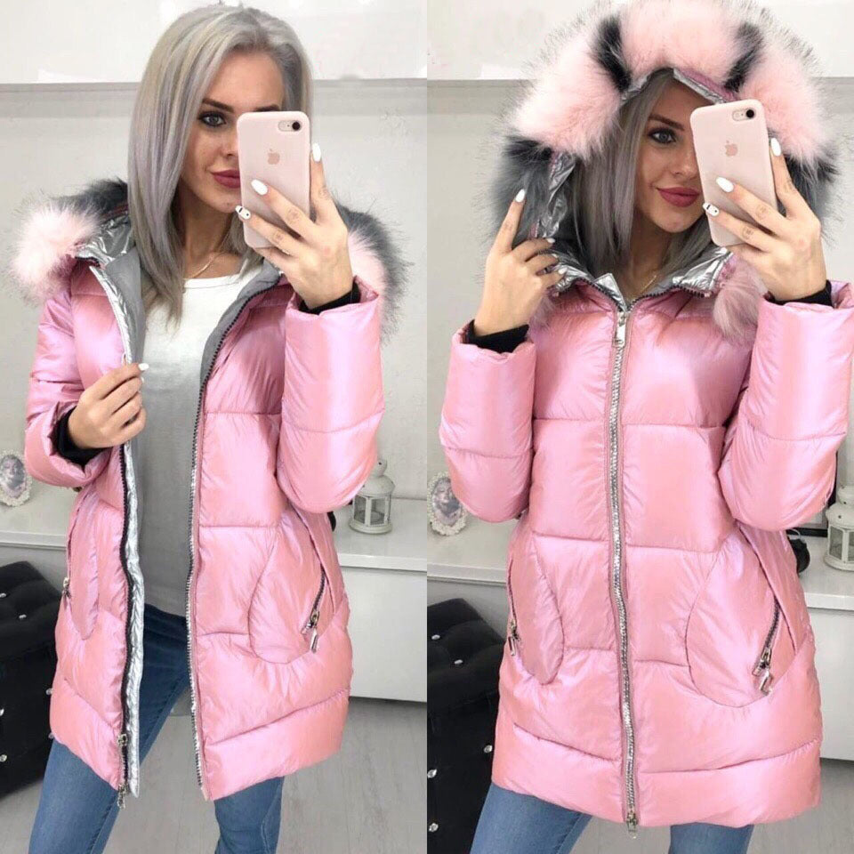 Coat Long Shiny Large Fur Collar Warm Ladies Jacket