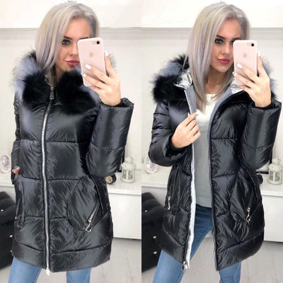 Coat Long Shiny Large Fur Collar Warm Ladies Jacket