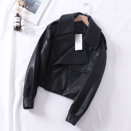 Loose cropped leather motorcycle jacket