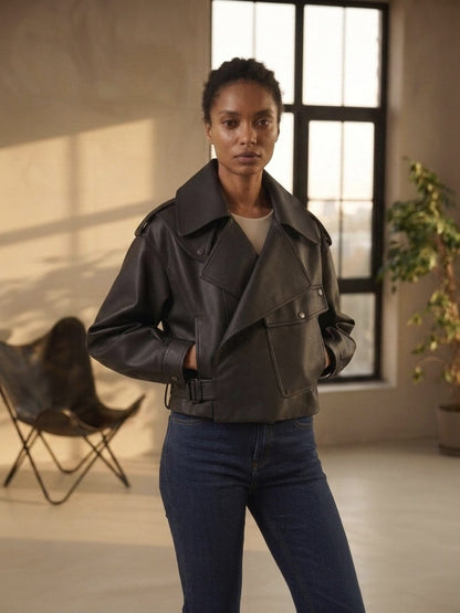 Veste Courte Ample en Cuir pour Femme