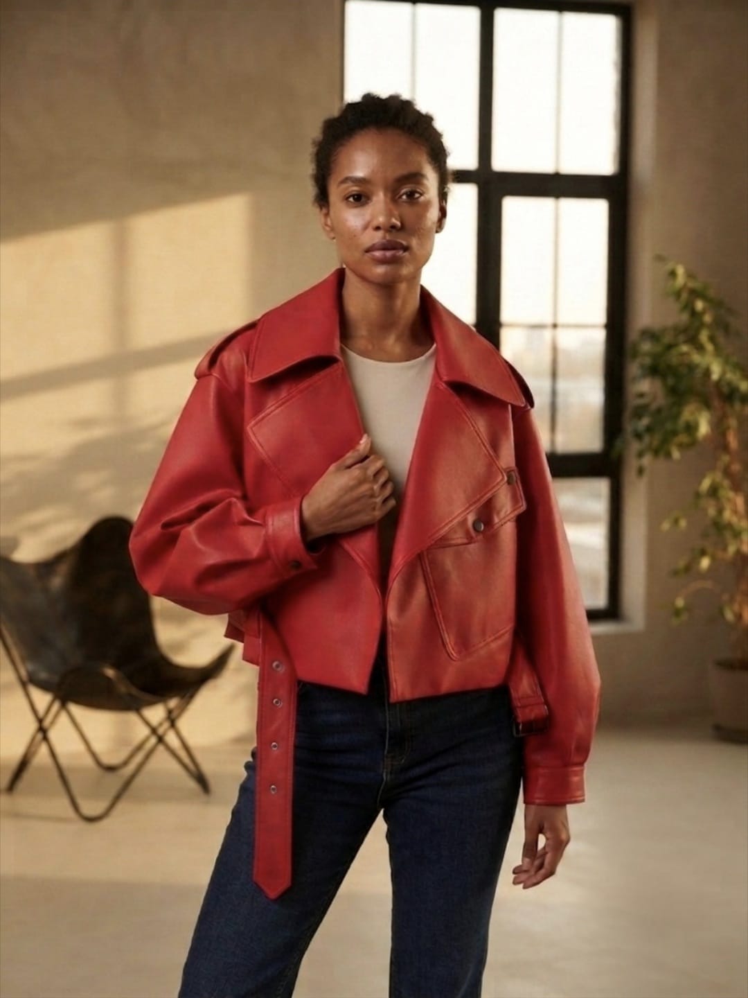 Veste Courte Ample en Cuir pour Femme