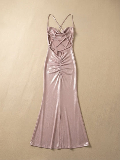 Women's Slim Fit Pink Satin Camisole Dress - Elegant Formal Party Gown