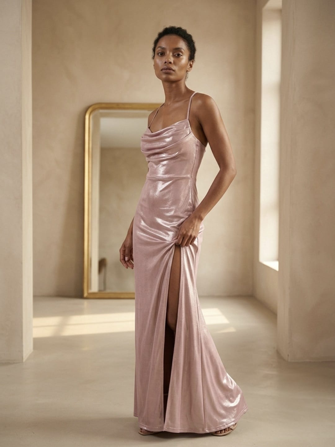 Women's Slim Fit Pink Satin Camisole Dress - Elegant Formal Party Gown
