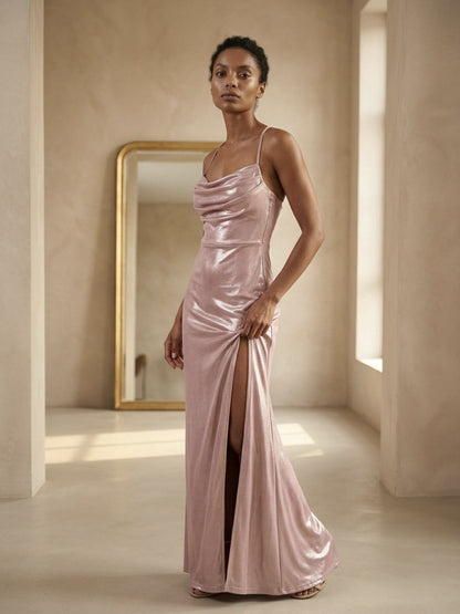 Women's Slim Fit Pink Satin Camisole Dress - Elegant Formal Party Gown