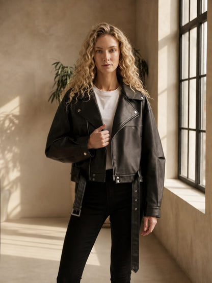 Veste motard en cuir ample pour femme