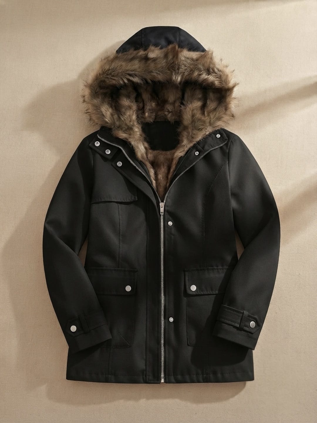 Parka à capuche doublée fausse fourrure pour femme