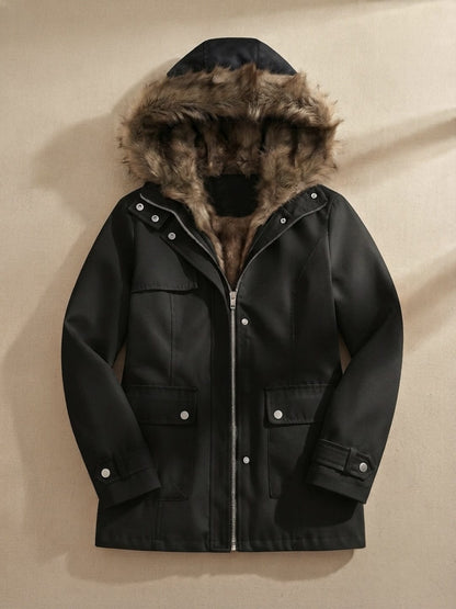 Parka à capuche doublée fausse fourrure pour femme