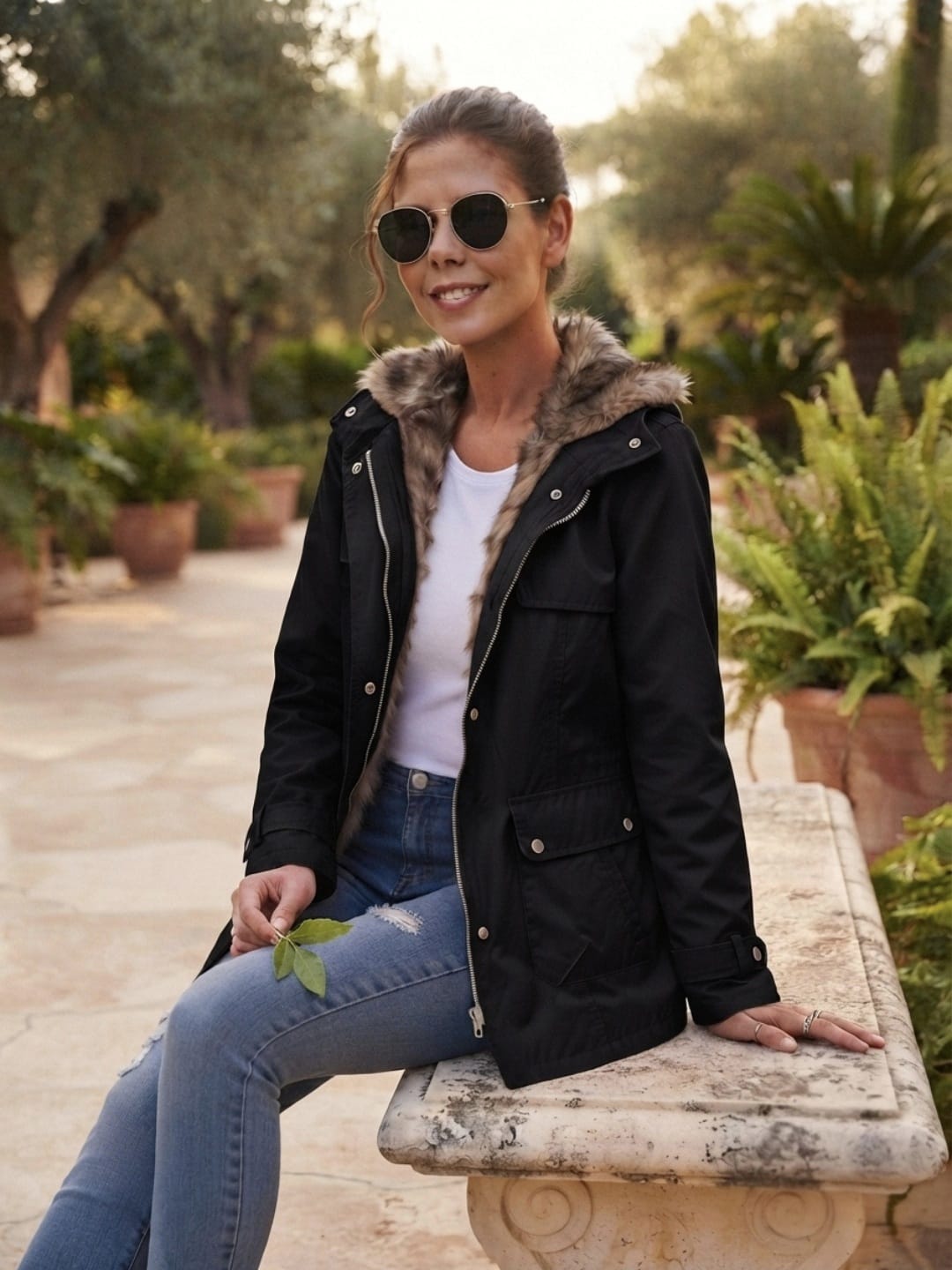 Parka à capuche doublée fausse fourrure pour femme