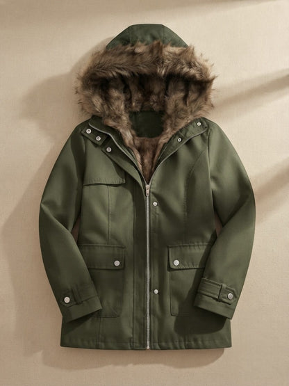 Parka à capuche doublée fausse fourrure pour femme